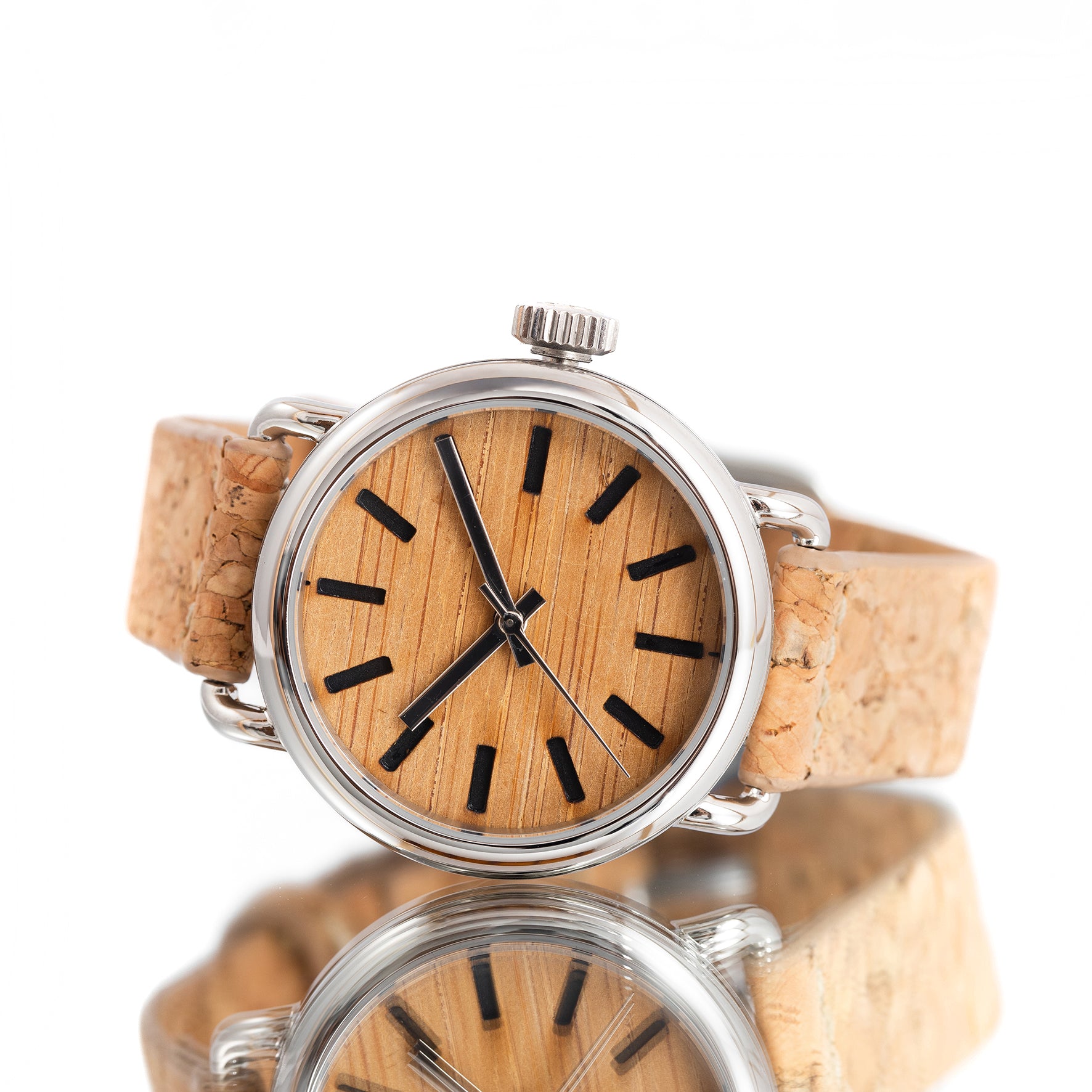 ROUND WATCH 02 SILVER BAMBOO WOOD CORK