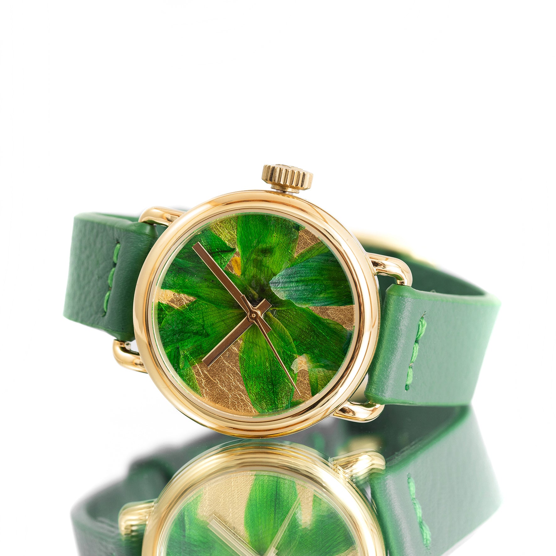 ROUND WATCH 02 GOLD GREEN FLOWERS GREEN