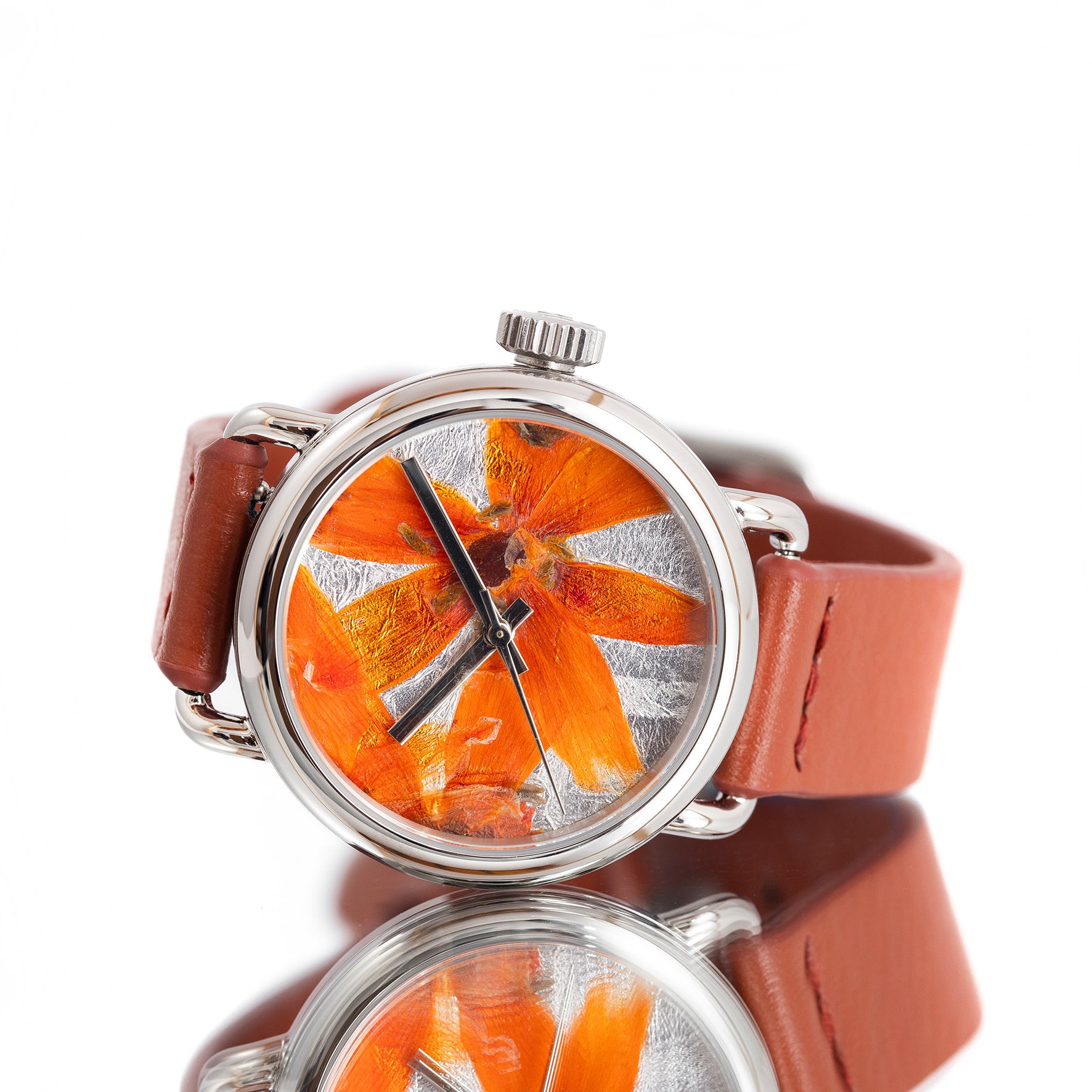 ROUND WATCH 02 SILVER ORANGE FLOWERS TERRACOTTA
