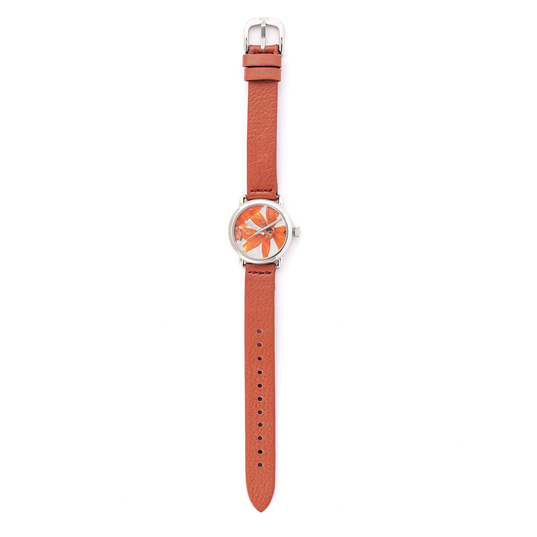 ROUND WATCH 02 SILVER ORANGE FLOWERS TERRACOTTA