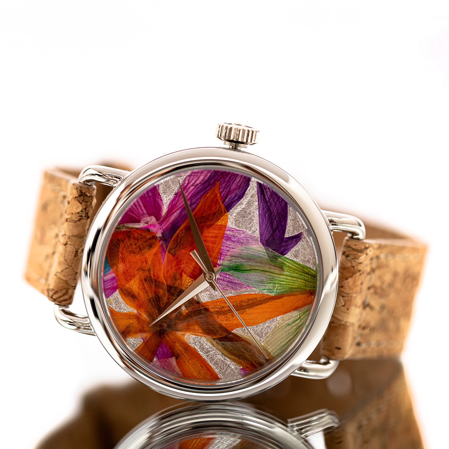 Round Watch 01 Silver Multicolor Flowers Cork