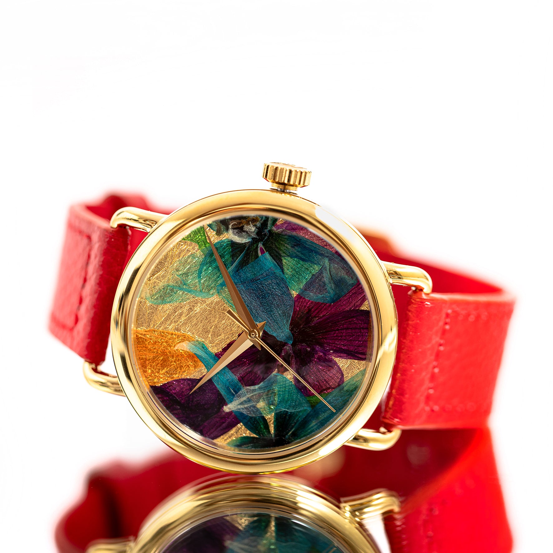 Round Watch 01 Gold Multicolor Flowers Red