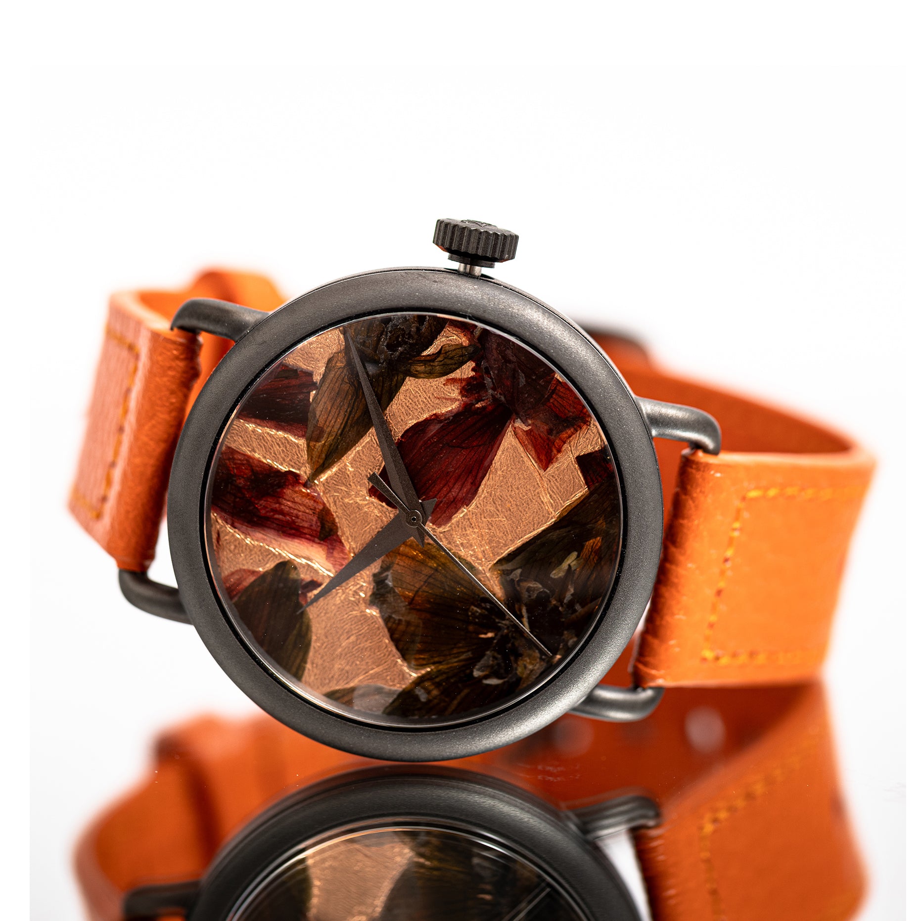 Round Watch 01 Gun Black Cooper Flowers Orange