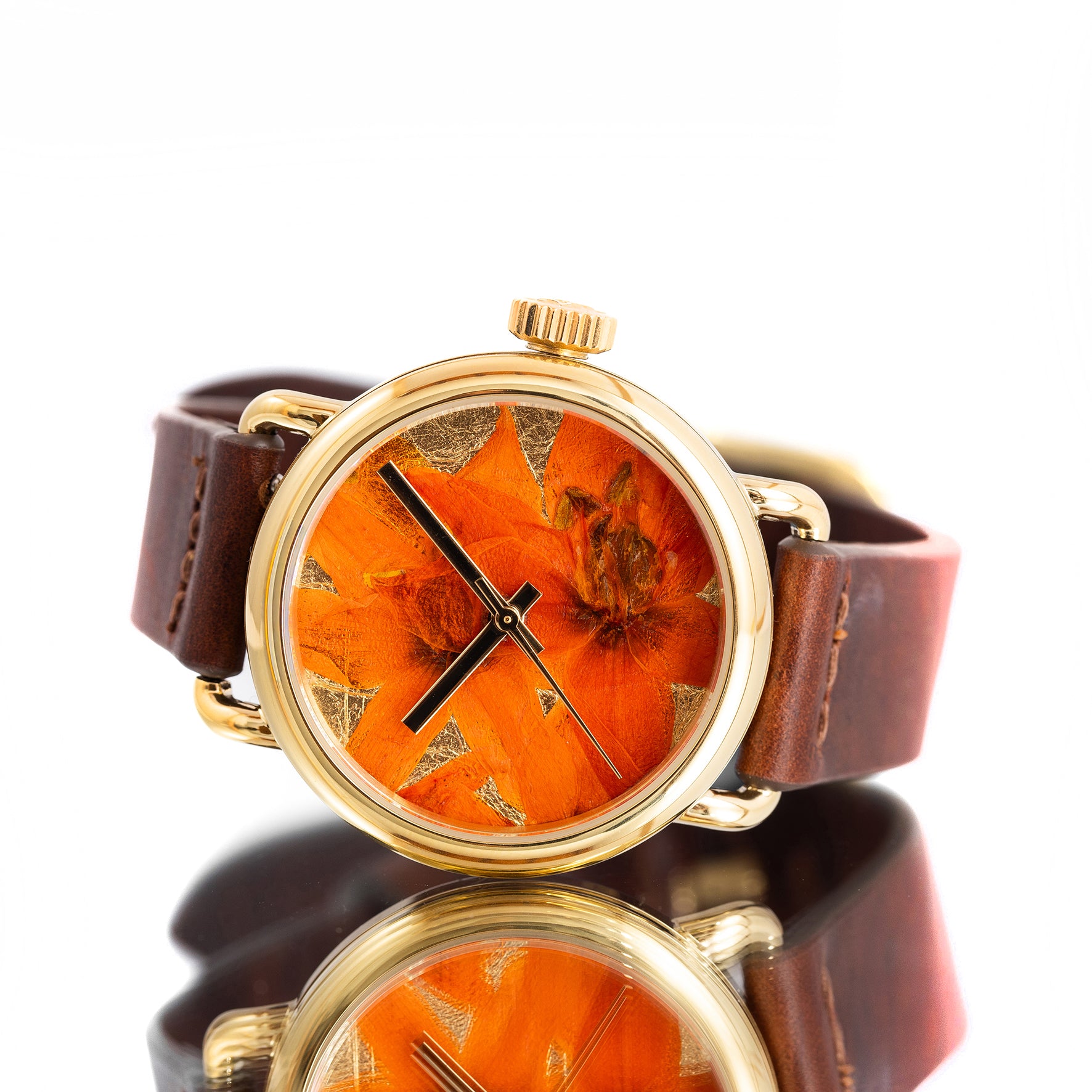 ROUND WATCH 02 GOLD ORANGE FLOWERS CHOCOLATE