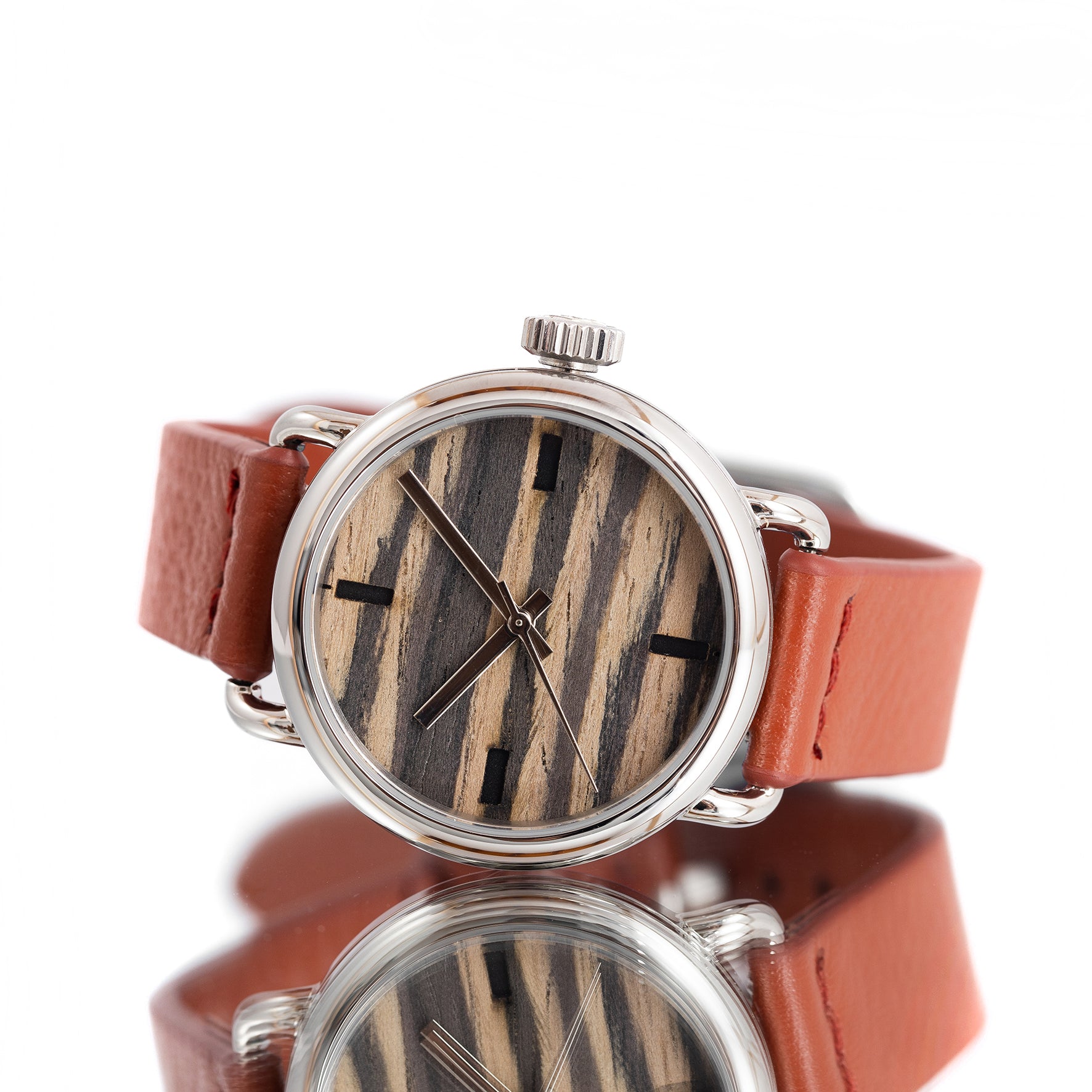 ROUND WATCH 02 SILVER ZEBRA WOOD TERRACOTTA