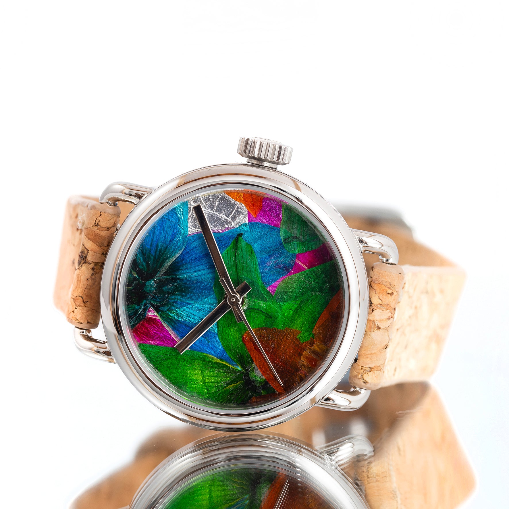 ROUND WATCH 02 SILVER MULTICOLOR FLOWERS CORK