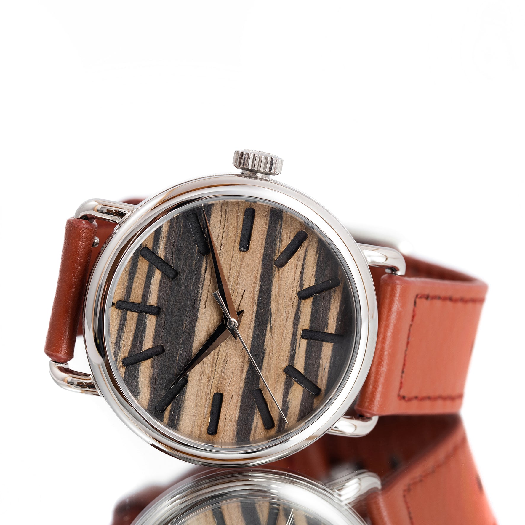 ROUND WATCH 01 SILVER ZEBRA WOOD TERRACOTTA