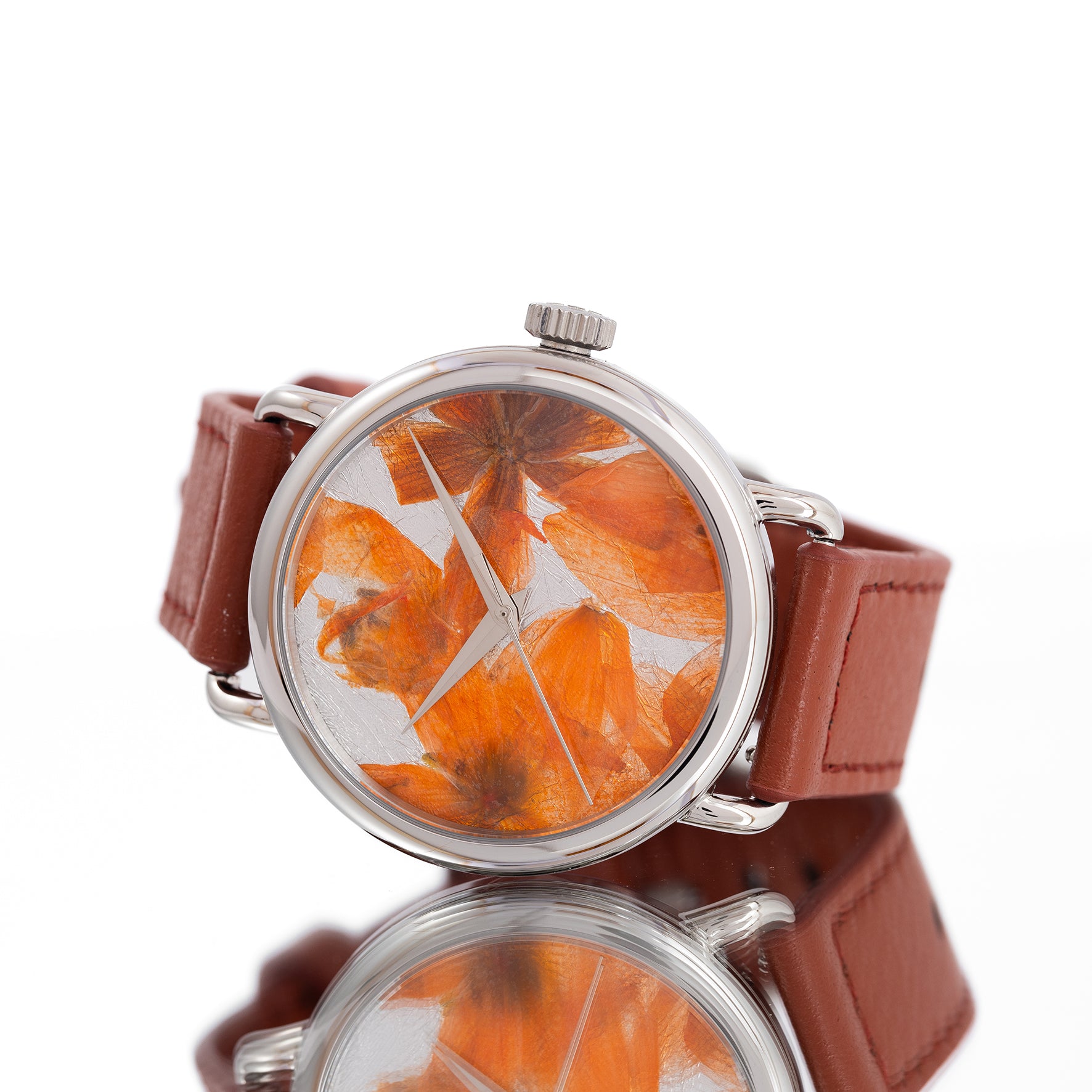 ROUND WATCH 01 SILVER ORANGE FLOWERS TERRACOTTA