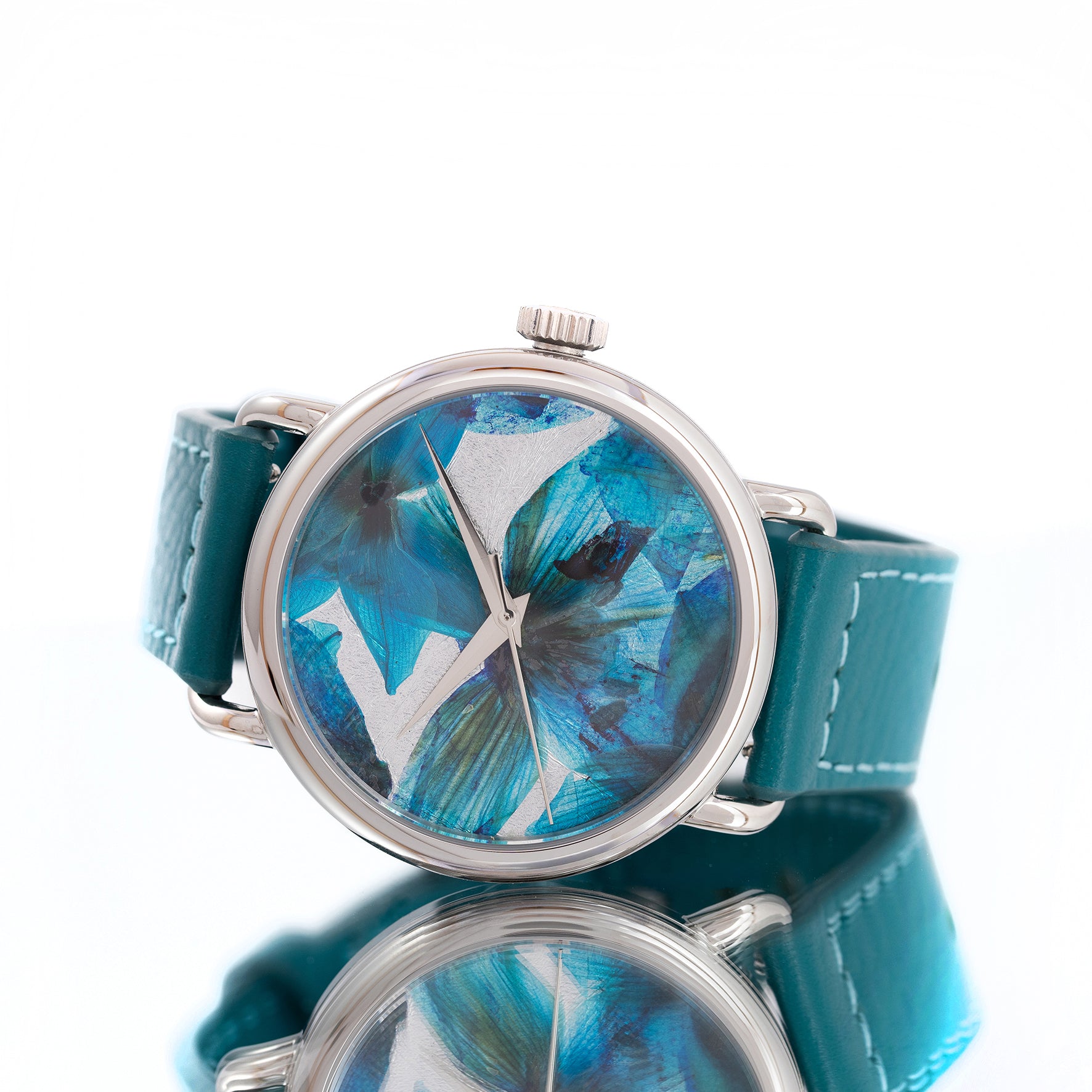 ROUND WATCH 01 SILVER BLUE FLOWERS TURQUOISE