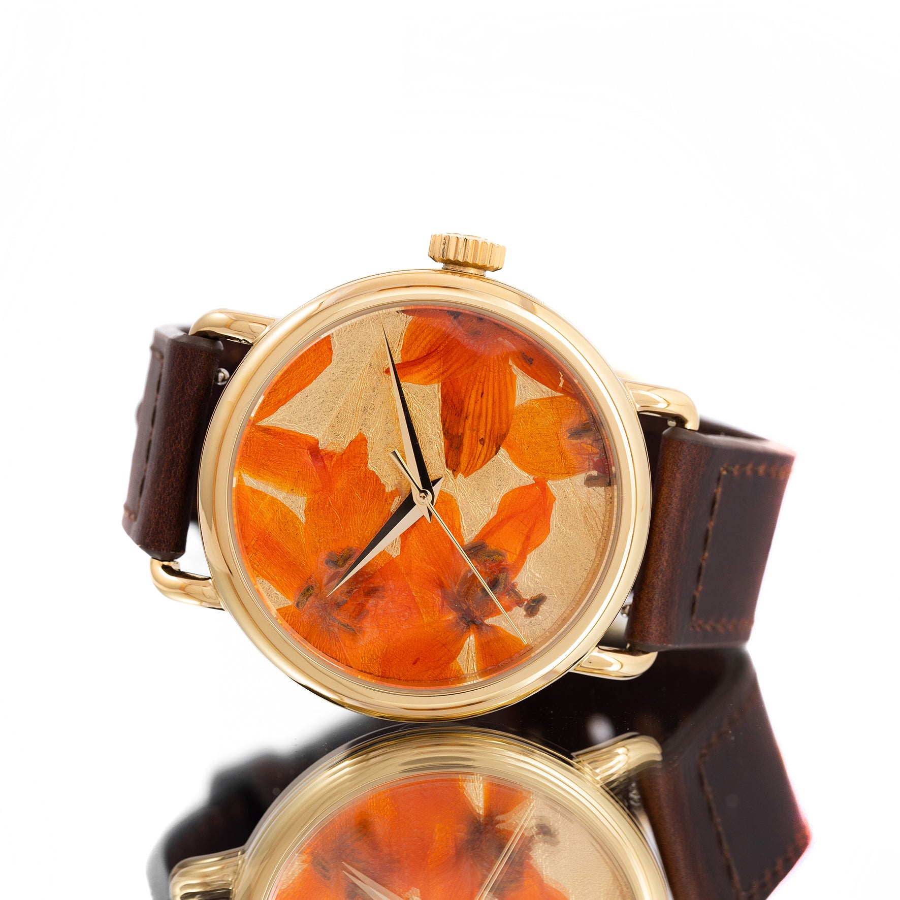 ROUND WATCH 01 GOLD ORANGE FLOWERS CHOCOLATE