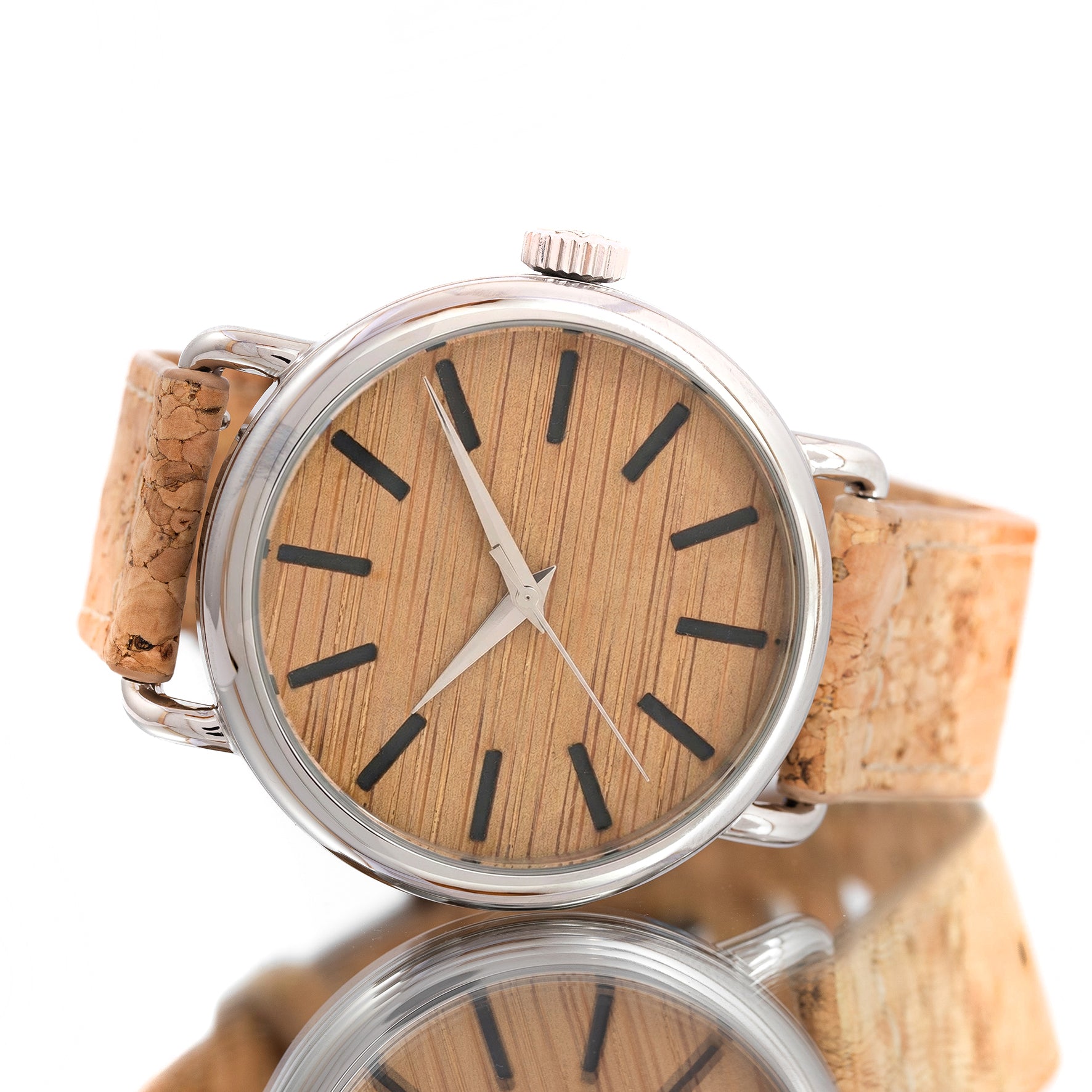 ROUND WATCH 01 SILVER BAMBOO WOOD CORK