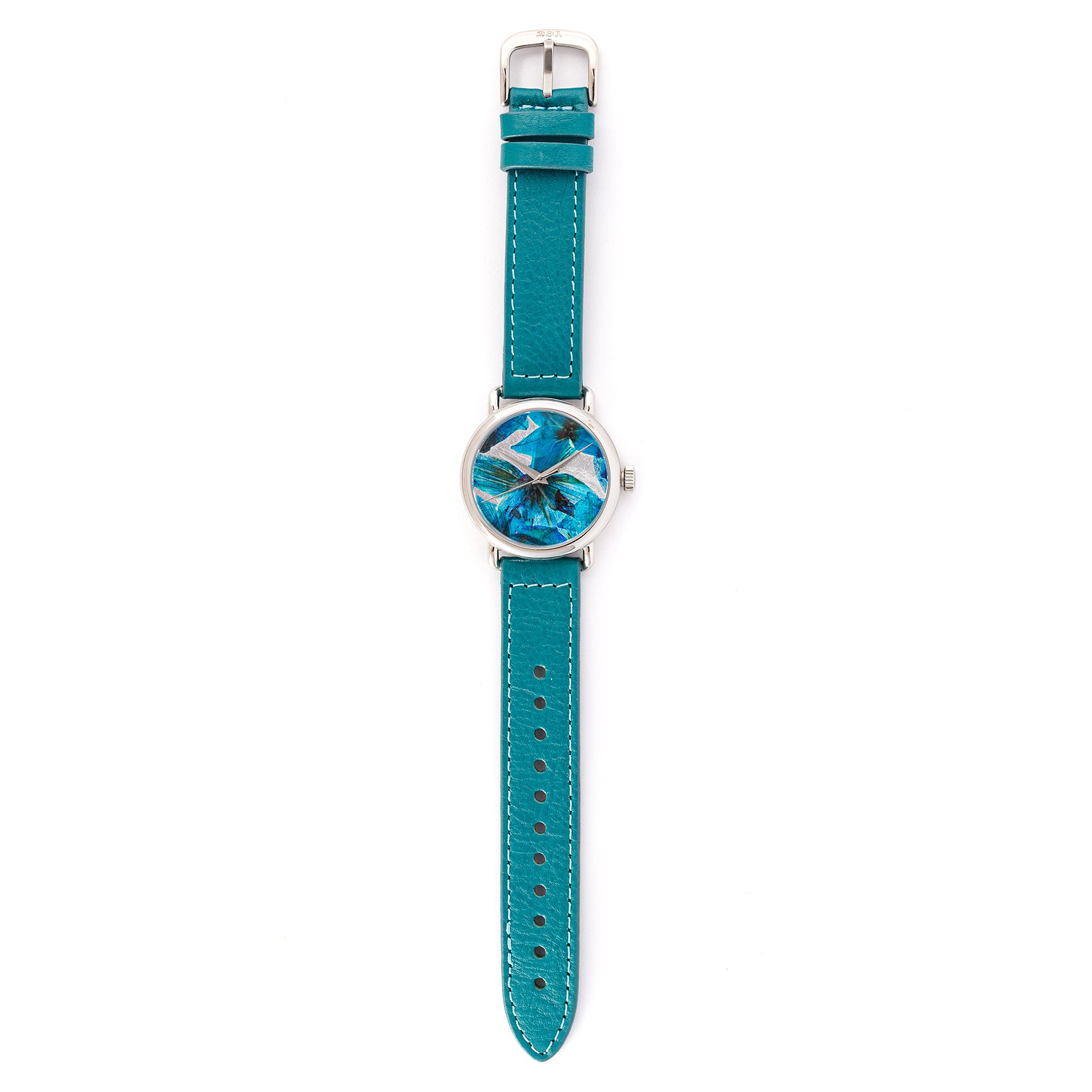 ROUND WATCH 01 SILVER BLUE FLOWERS TURQUOISE