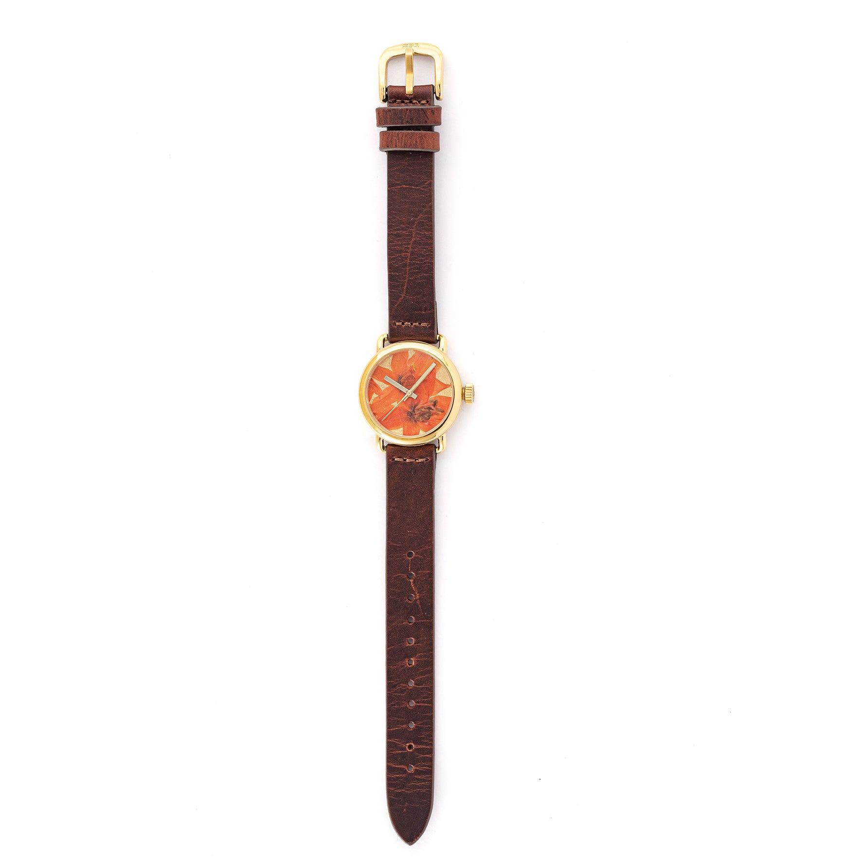 ROUND WATCH 02 GOLD ORANGE FLOWERS CHOCOLATE