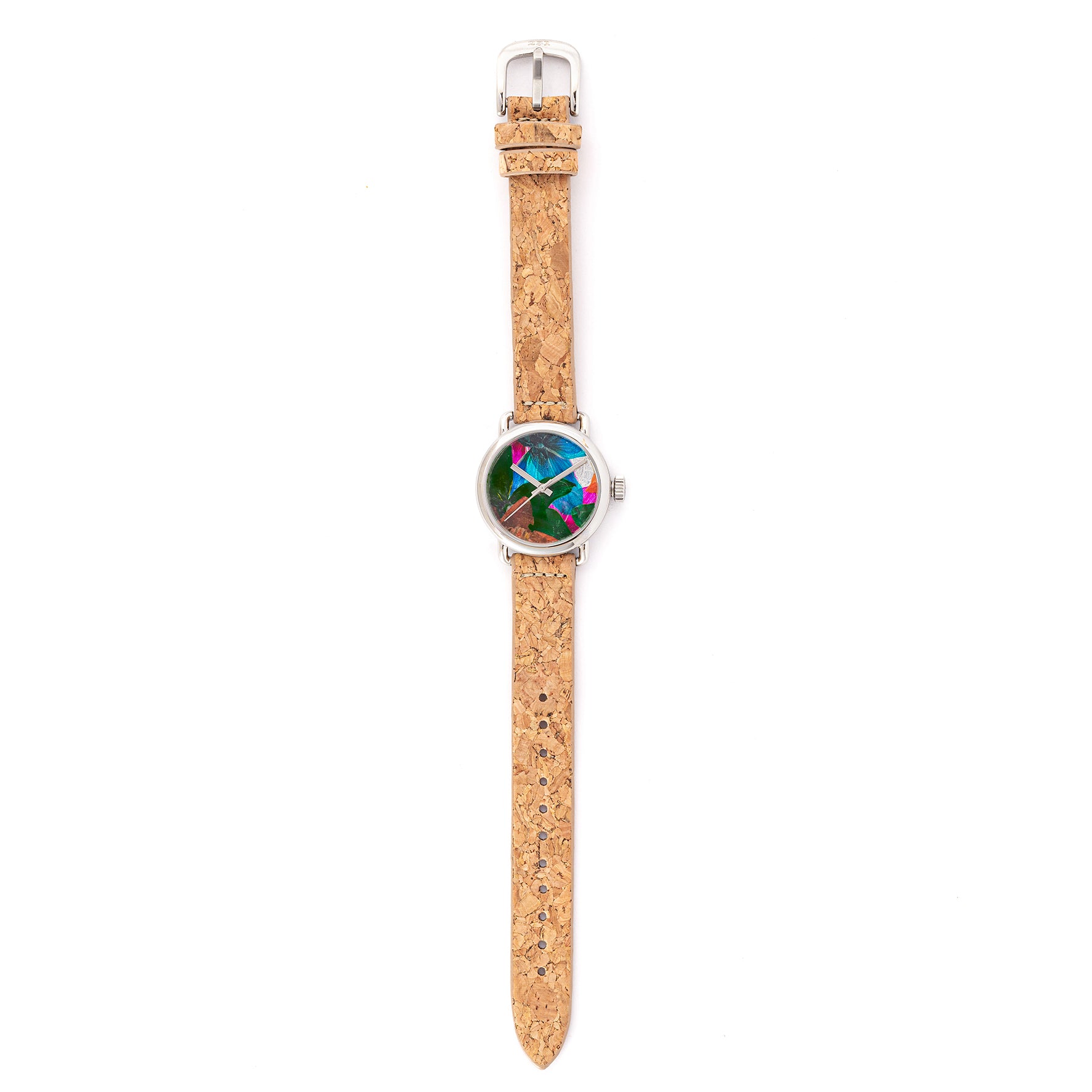 ROUND WATCH 02 SILVER MULTICOLOR FLOWERS CORK