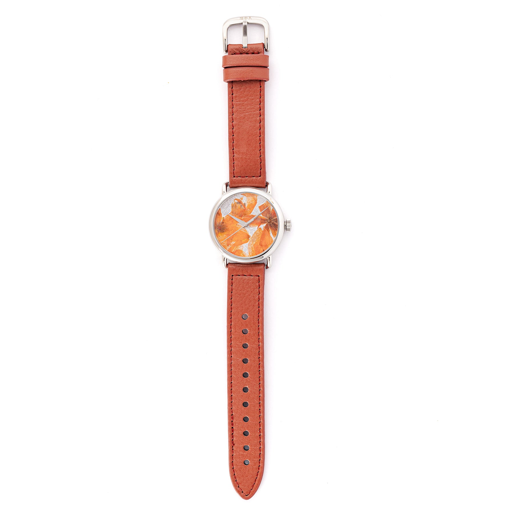 ROUND WATCH 01 SILVER ORANGE FLOWERS TERRACOTTA