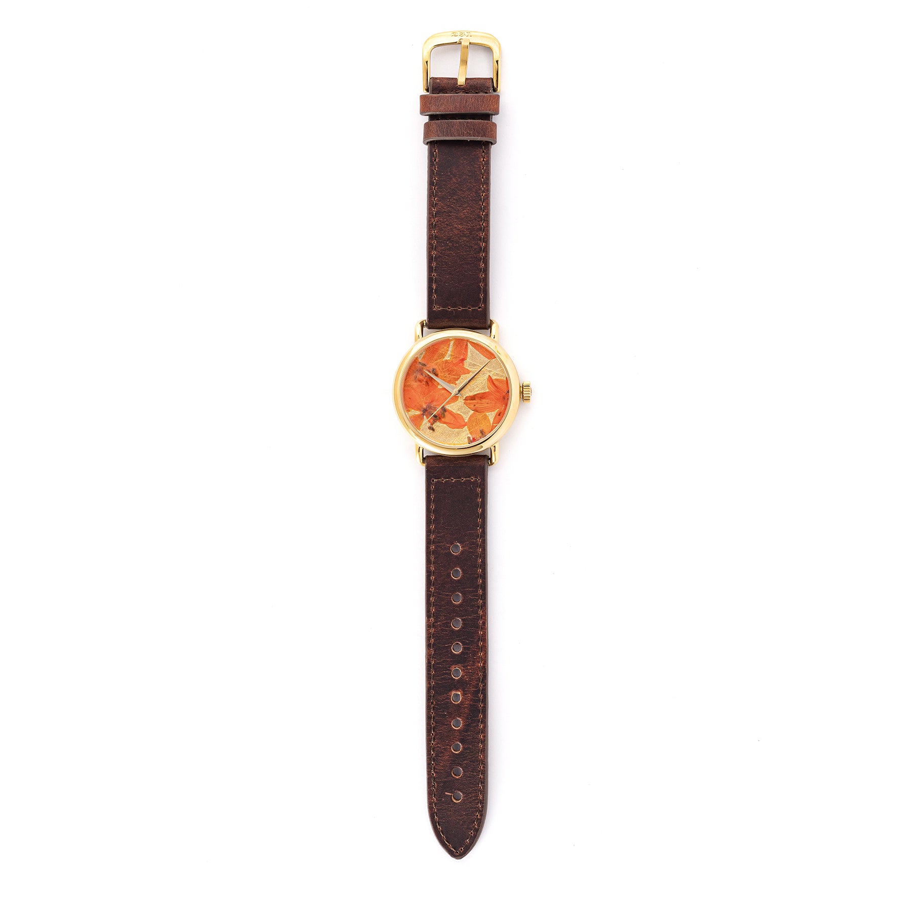 ROUND WATCH 01 GOLD ORANGE FLOWERS CHOCOLATE